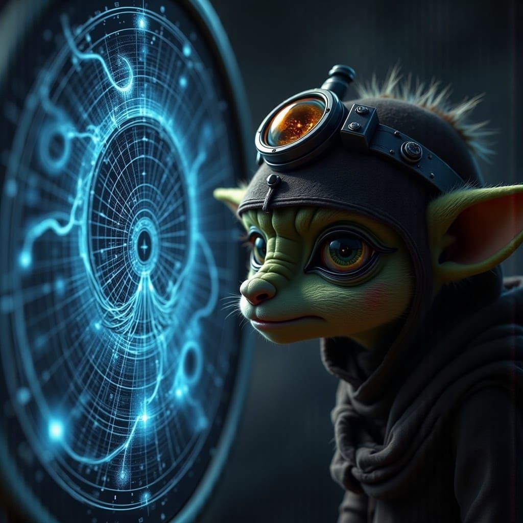 Alien Navigator Stares Intently at Holographic Star Map