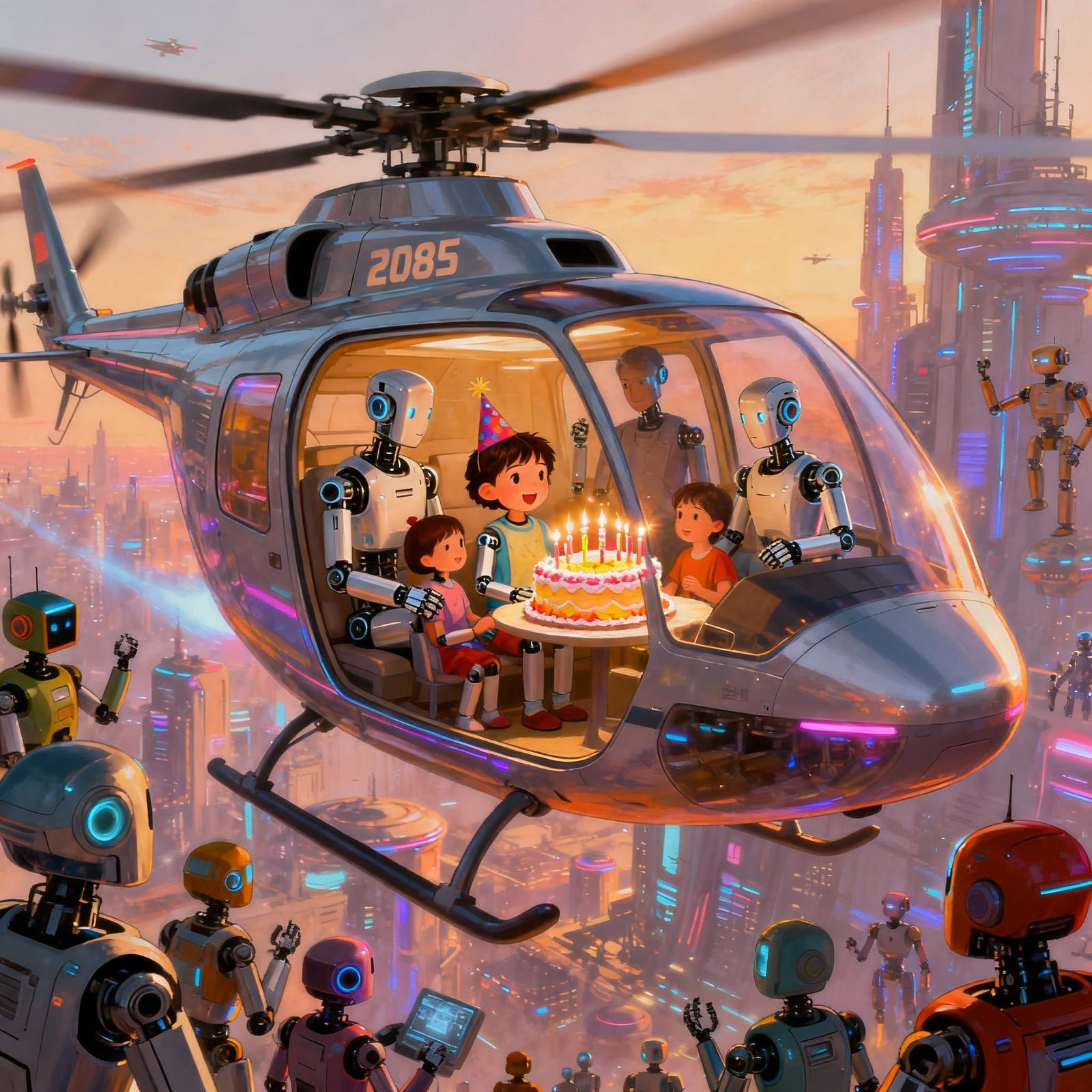 Robot Birthday Party in Futuristic Helicopter Over City