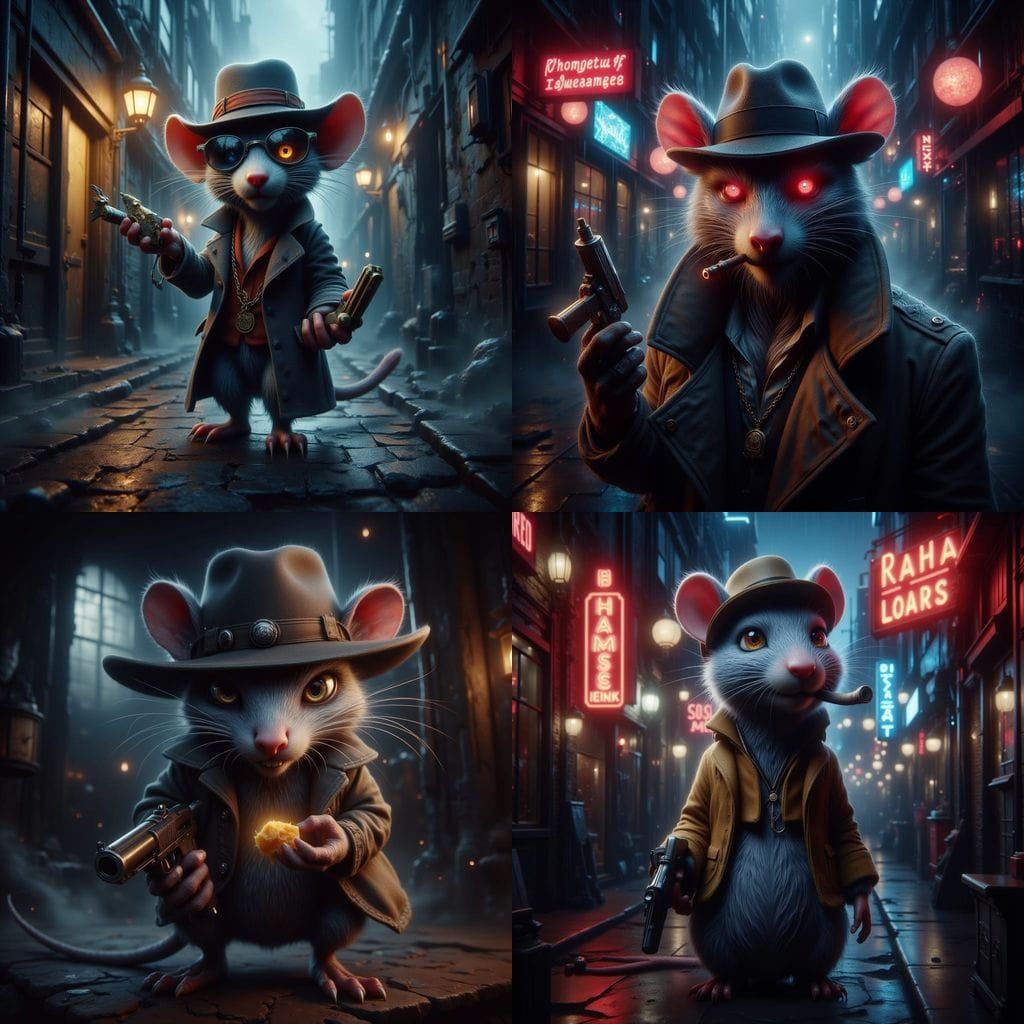 Rat Noir Detective in Rainy Neon Alley
