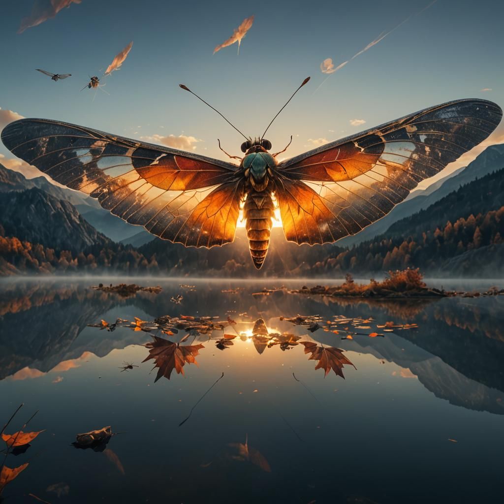 Autumn Landscape Reflected in Moth Wings: Digital Art