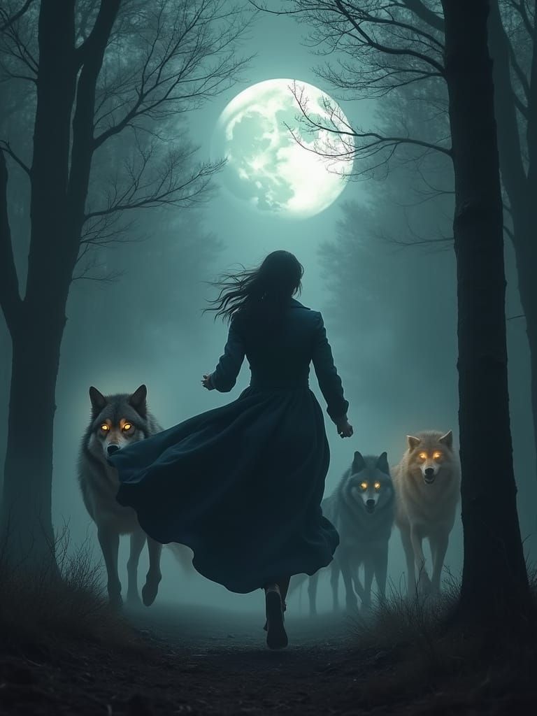 Victorian Woman Runs with Wolves under Full Moon