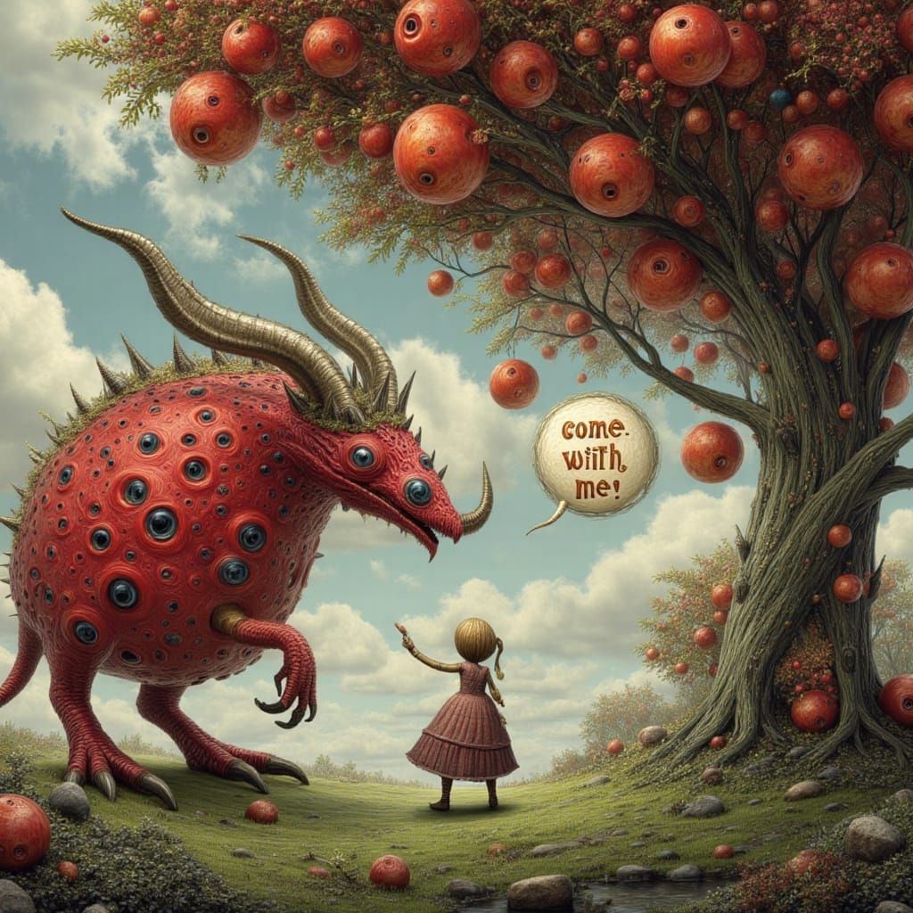 Surreal Red Monster Beckons Girl From Apple Tree
