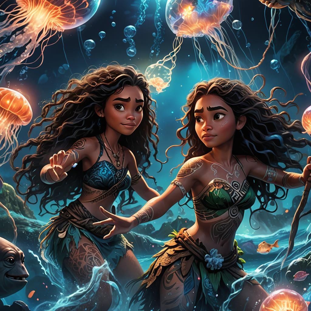 Moana and Maui in Bioluminescent Sea: Dark Fantasy Art