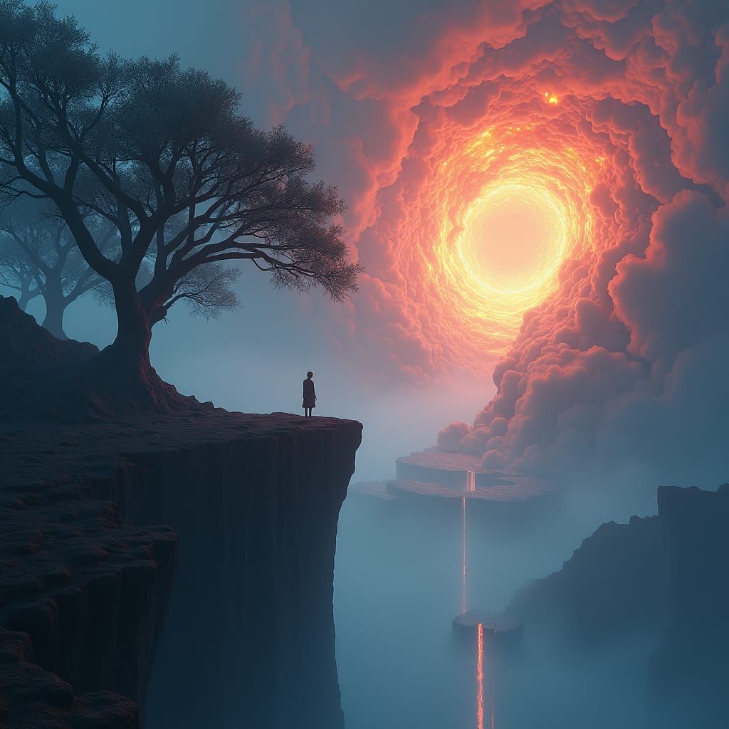 Mystical Precipice with Glowing Portal in Neon Landscape