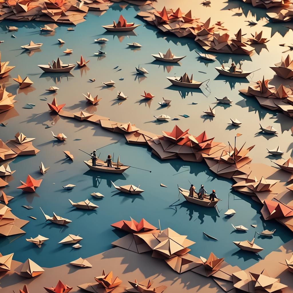 Sunset Fishing Jetty in Origami Papercraft Style