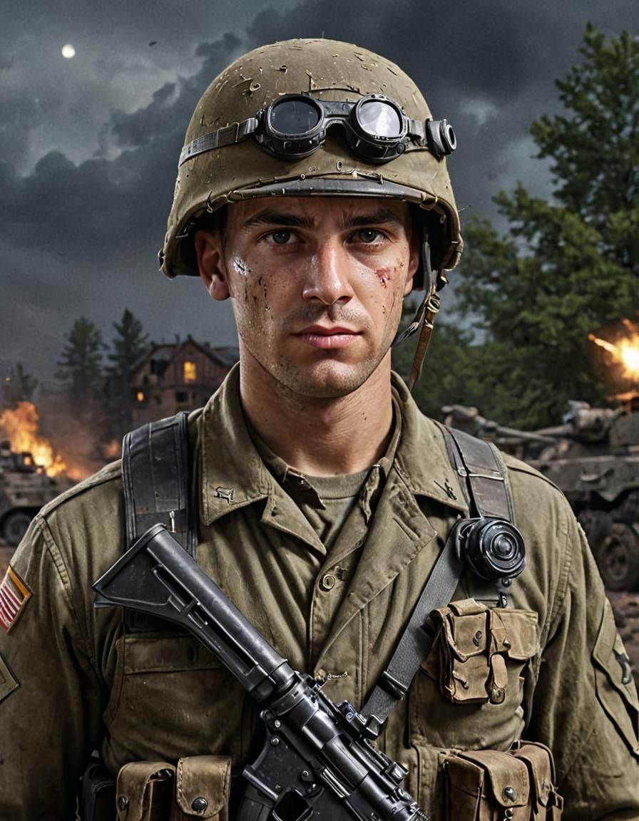 Modern Soldier in World War II Battlefield