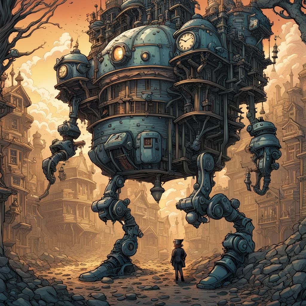 Clockwork Castle on Robotic Legs, Comic Book Art