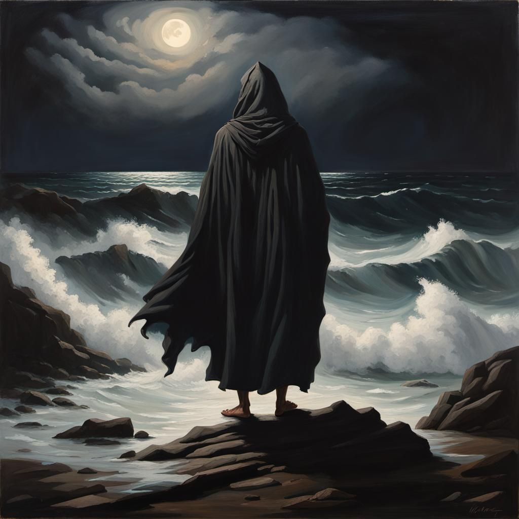 Enigmatic Indian Man on Moonlit Shore as Oil Painting