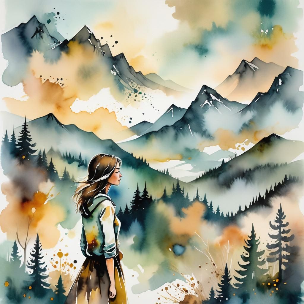 Ink Splatter Watercolor Art: Girl in Mountain Landscape