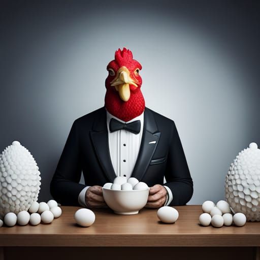 Ornate Chicken in Tuxedo Eating Glowing Eggs