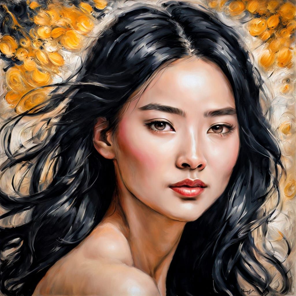 Radiant Asian Woman Portrait with Wavy Hair in Impasto Encau...