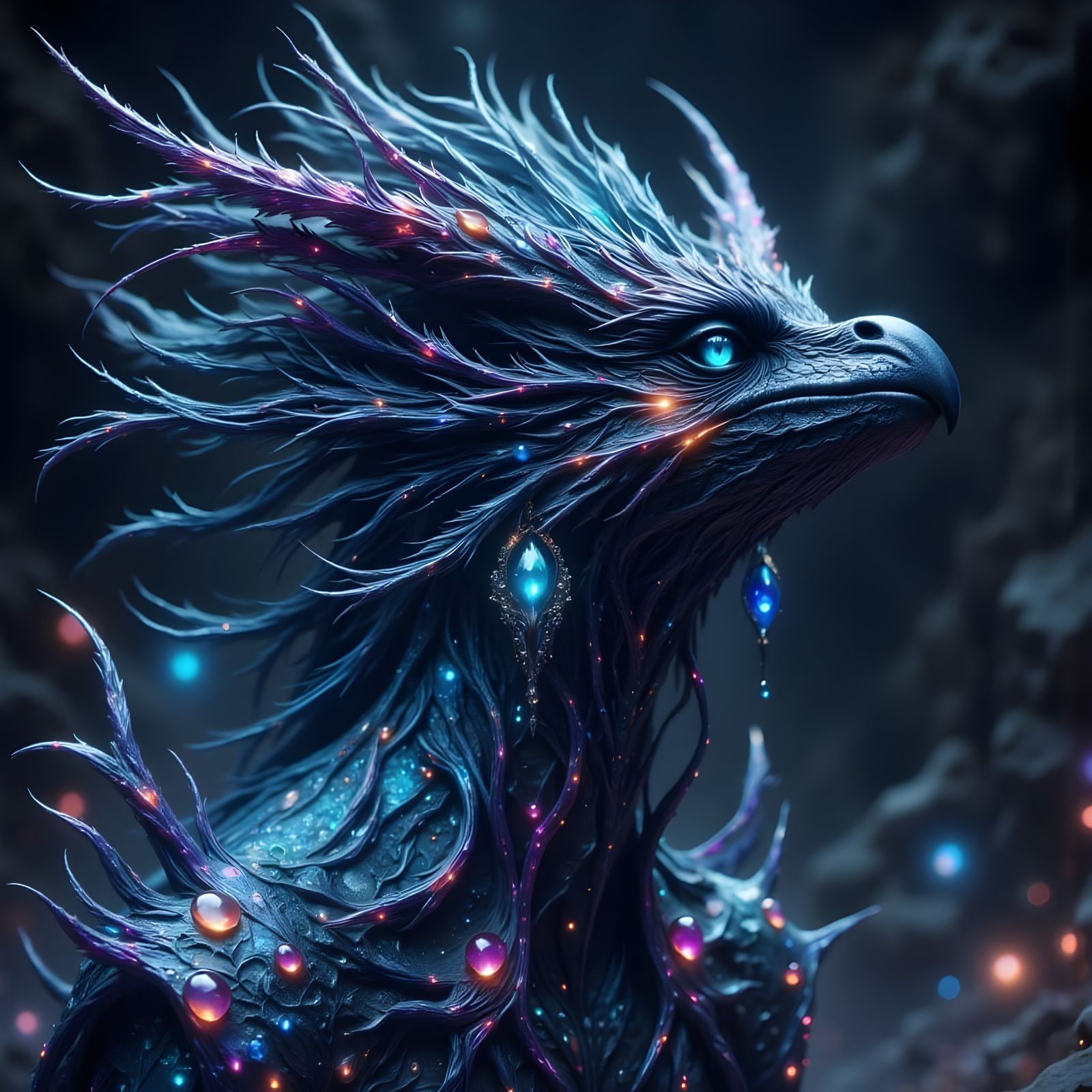 Gemstone Raven-Dragon in Glowing Cave, Dark Fantasy Art