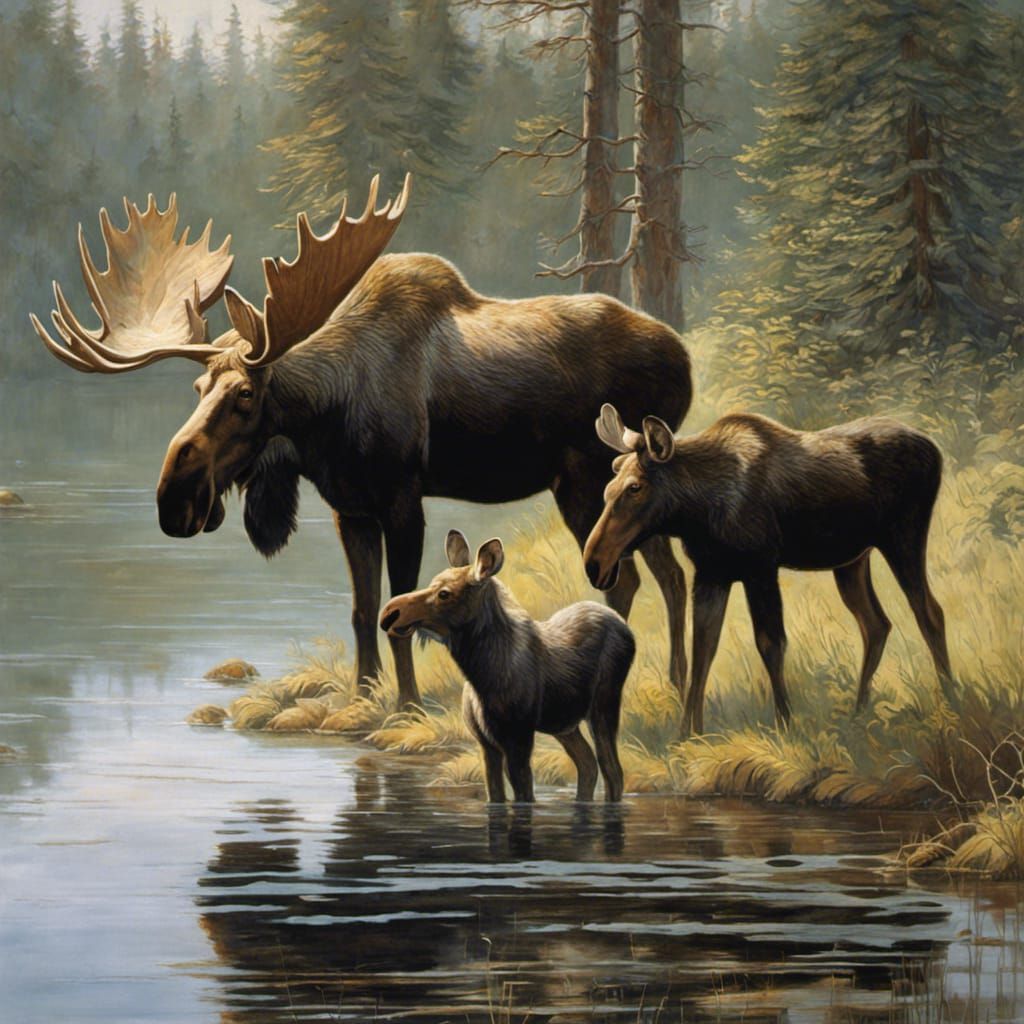 Majestic Moose Family in Classic Wildlife Art Style