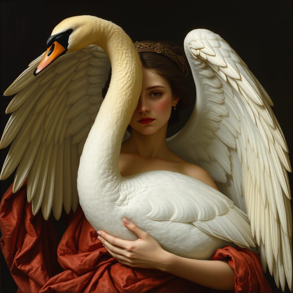 Woman with Swan in Dark Fantasy Style