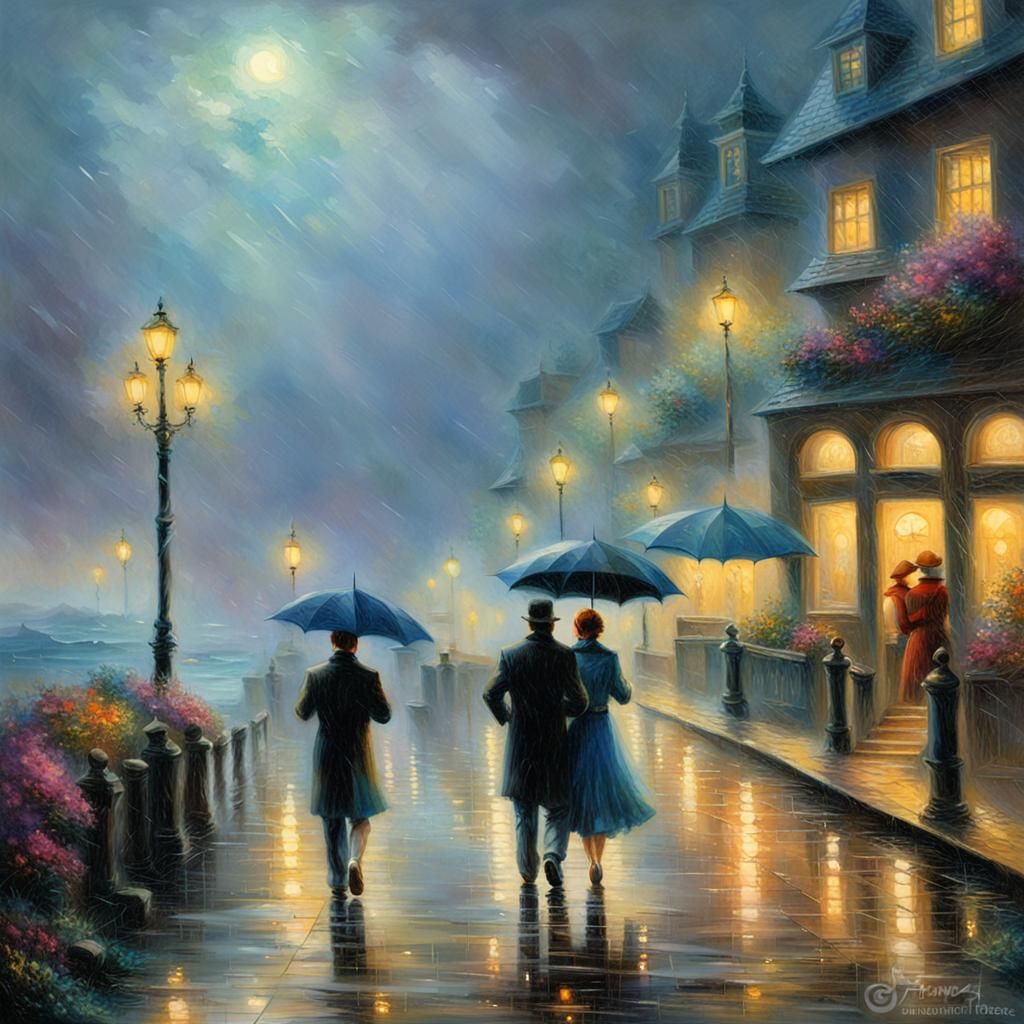 Rainy Seaside Stroll: Ethereal Fantasy Illustration