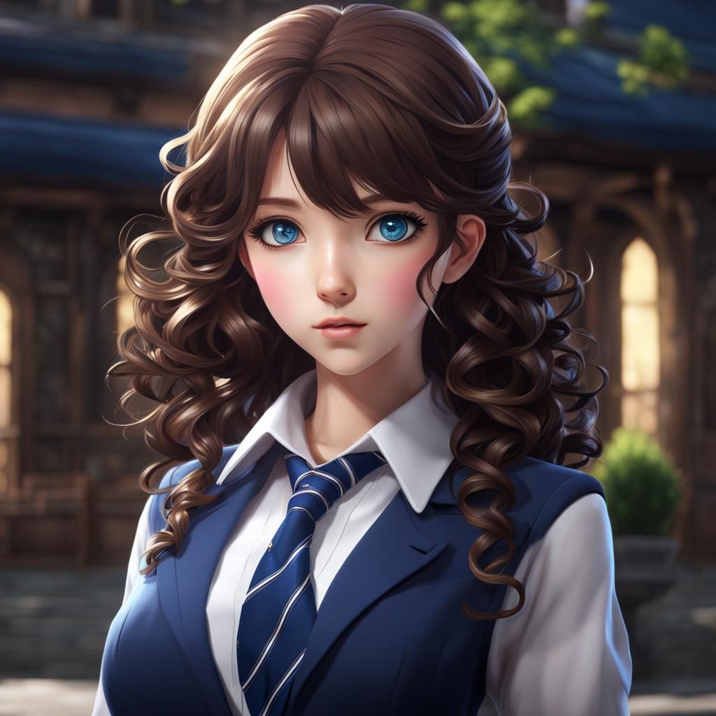 Cute Anime Girl in School Uniform, Detailed Digital Art