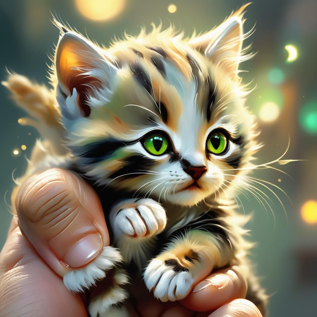 Microscopic Kitten on Thumb in Oil Painting Style