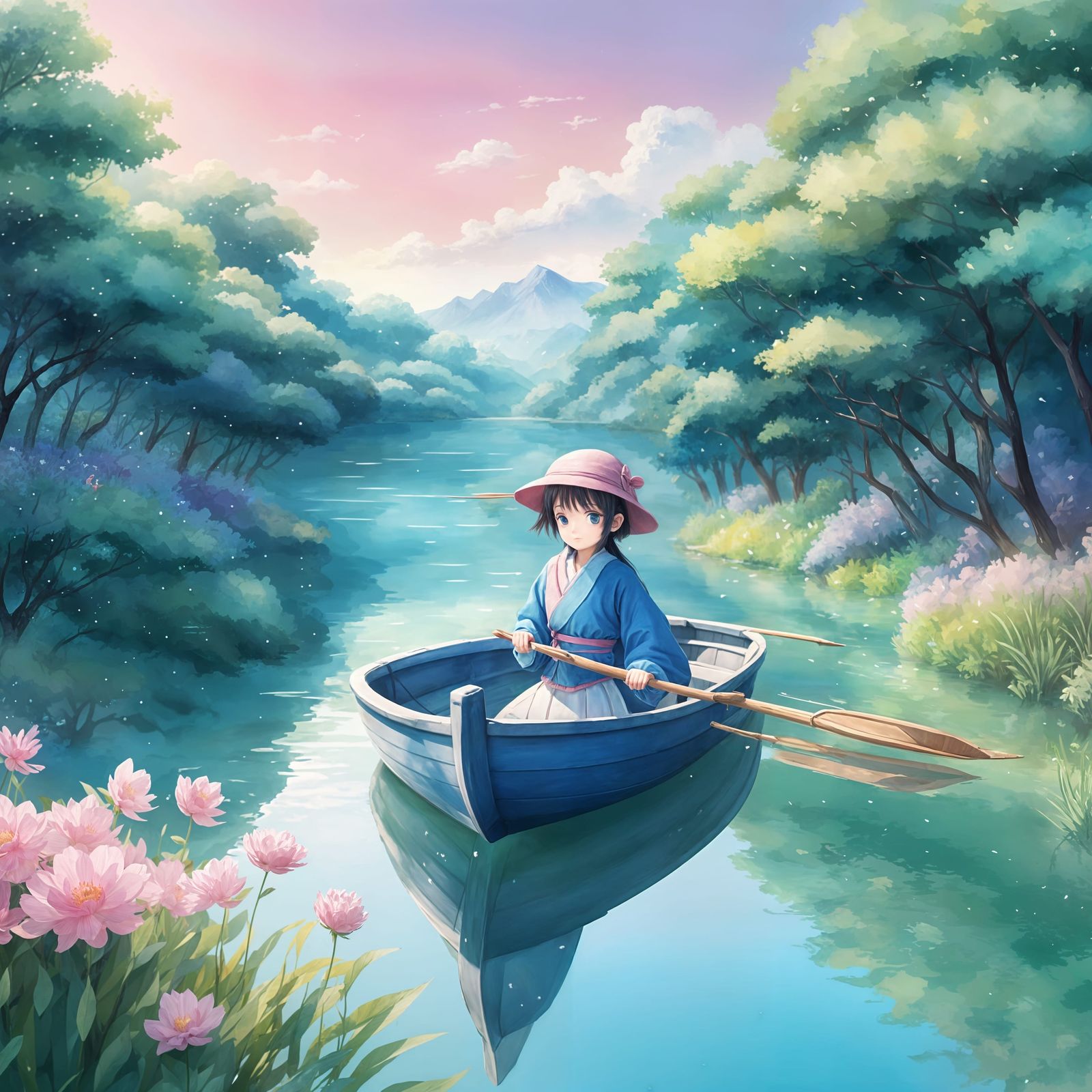 Anime Girl in Blue Boat on River with Pink Sky