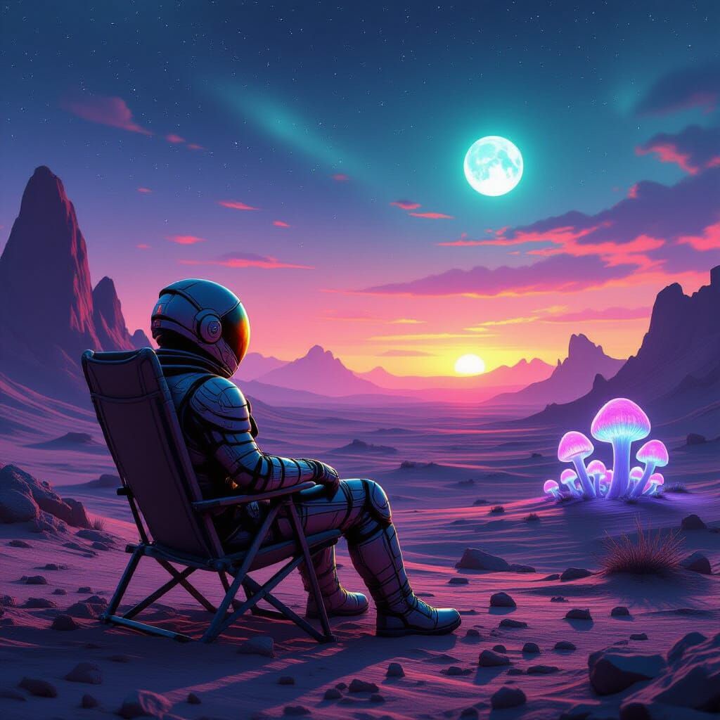 Astronaut Watches Alien Sunset in Cosmic Sci-Fi Art