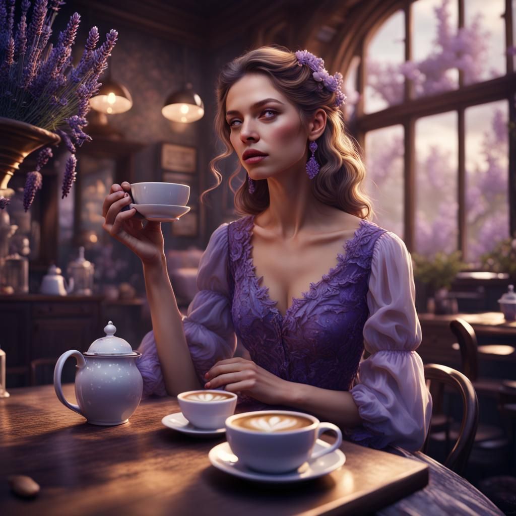 Woman Drinks Coffee in Lavender Cafe: Fantasy Art