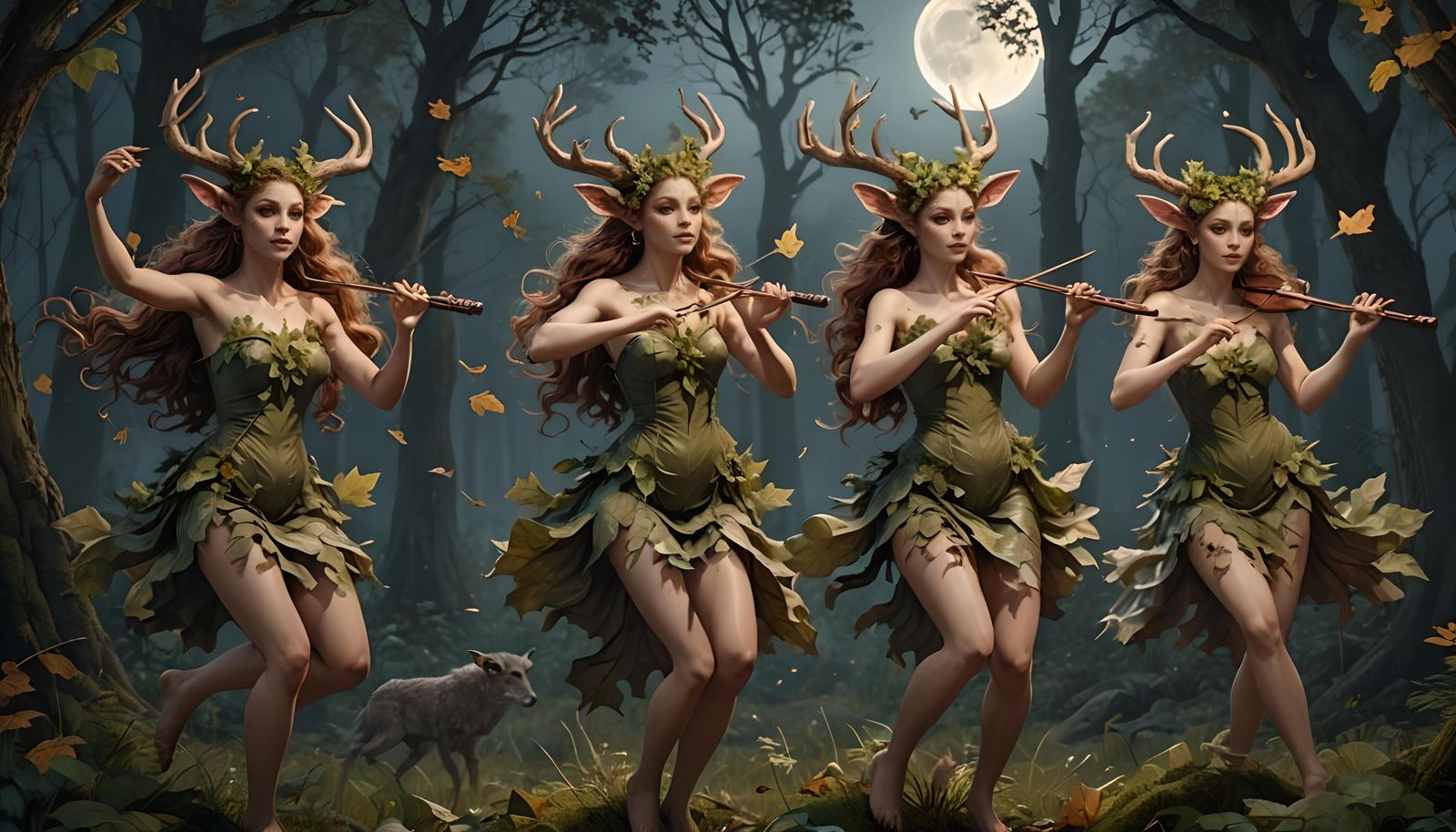 Fauns Dancing in Moonlit Forest Clearing