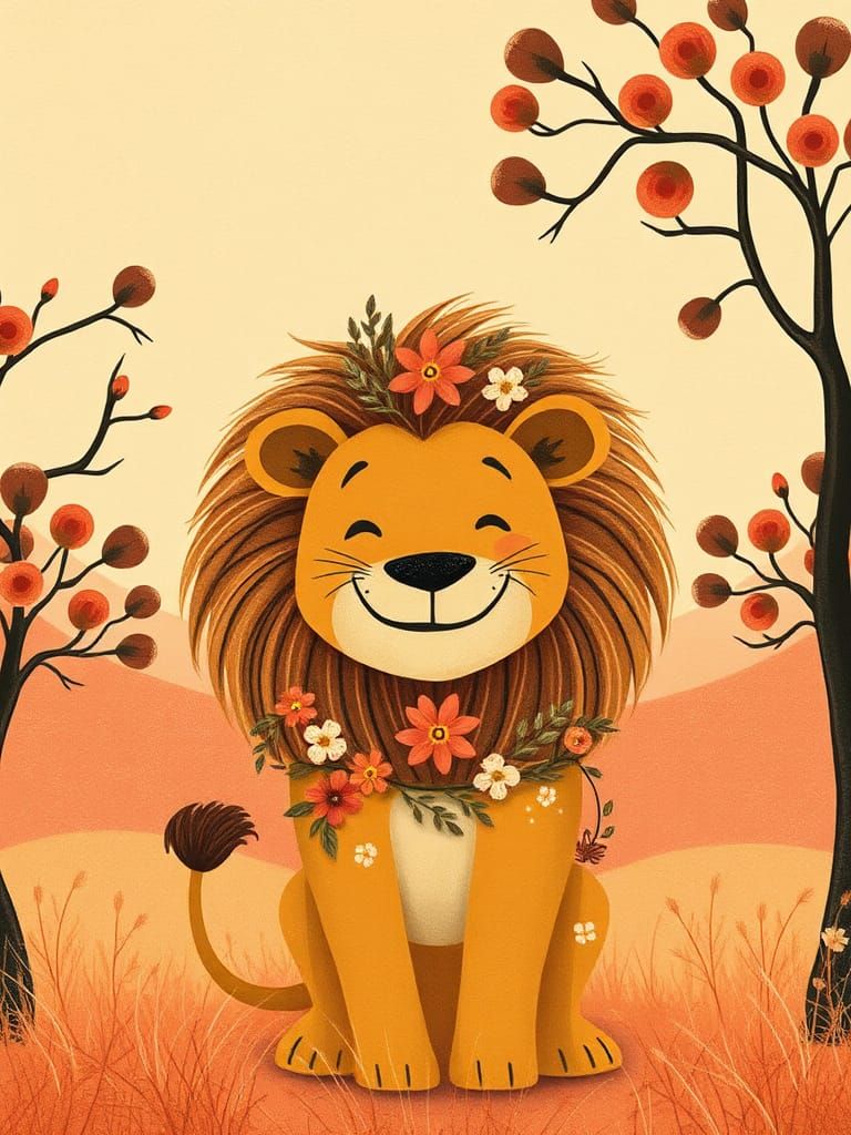 Joyful Lion in Dreamy Sunset, Hand-Drawn Style