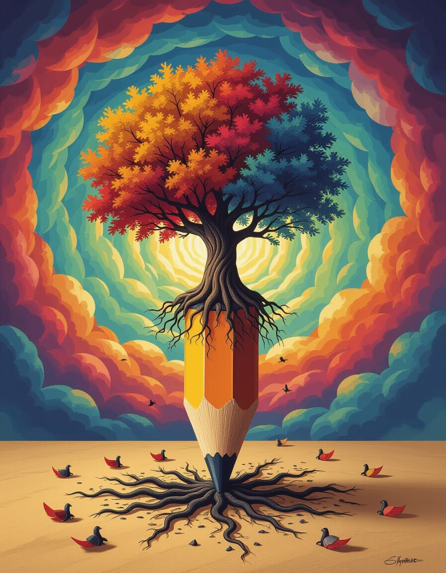 Surreal Autumn Tree Grows From Giant Pencil