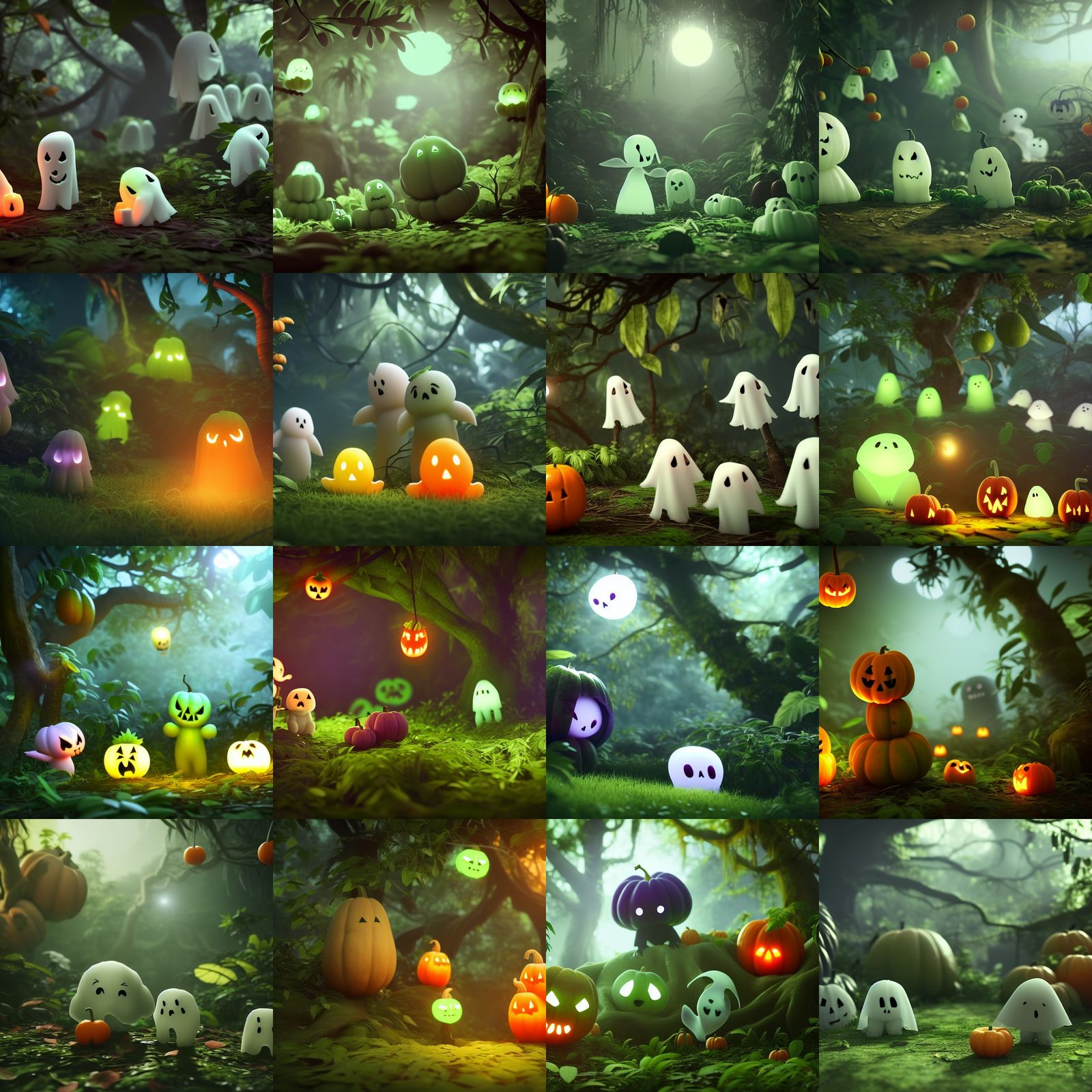 Ghosts Discovering Glowing Jungle Fruit in Anime Style