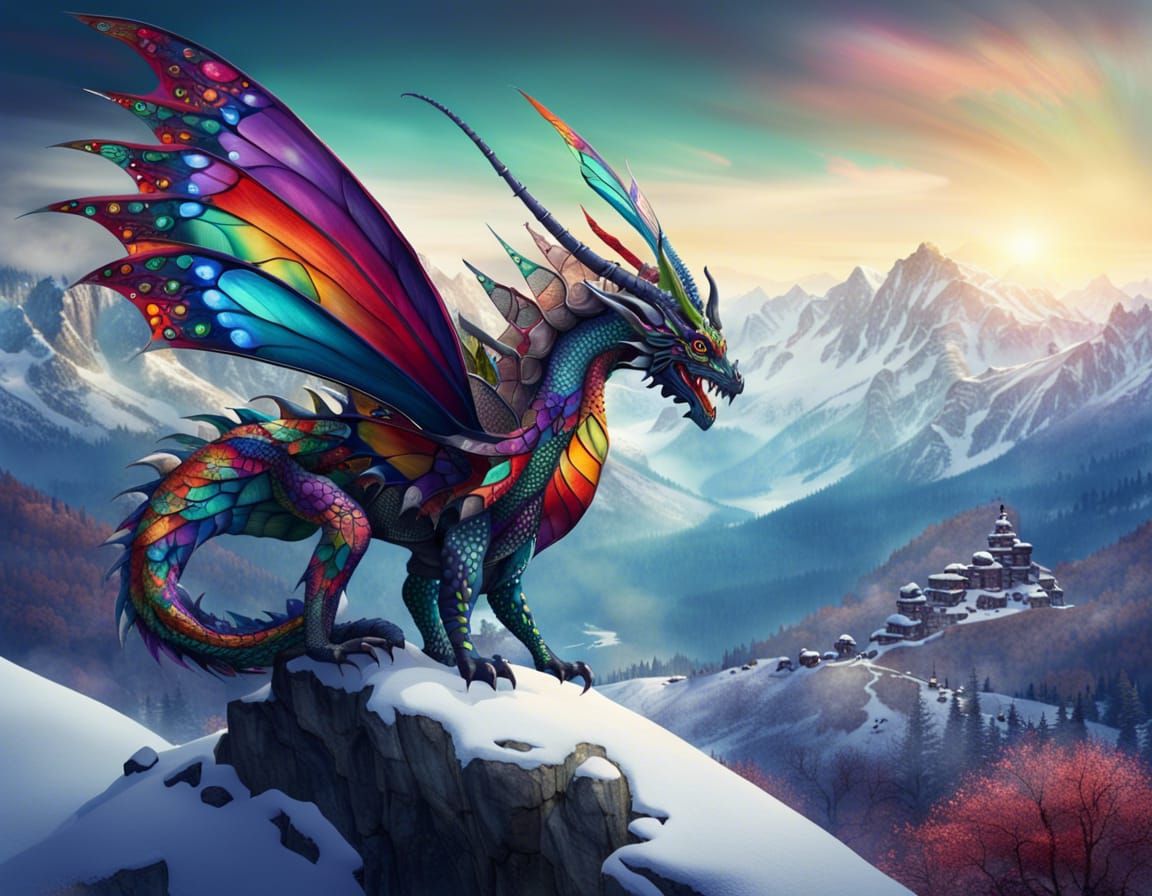 Dragon-Butterfly Hybrid on Snowy Mountain