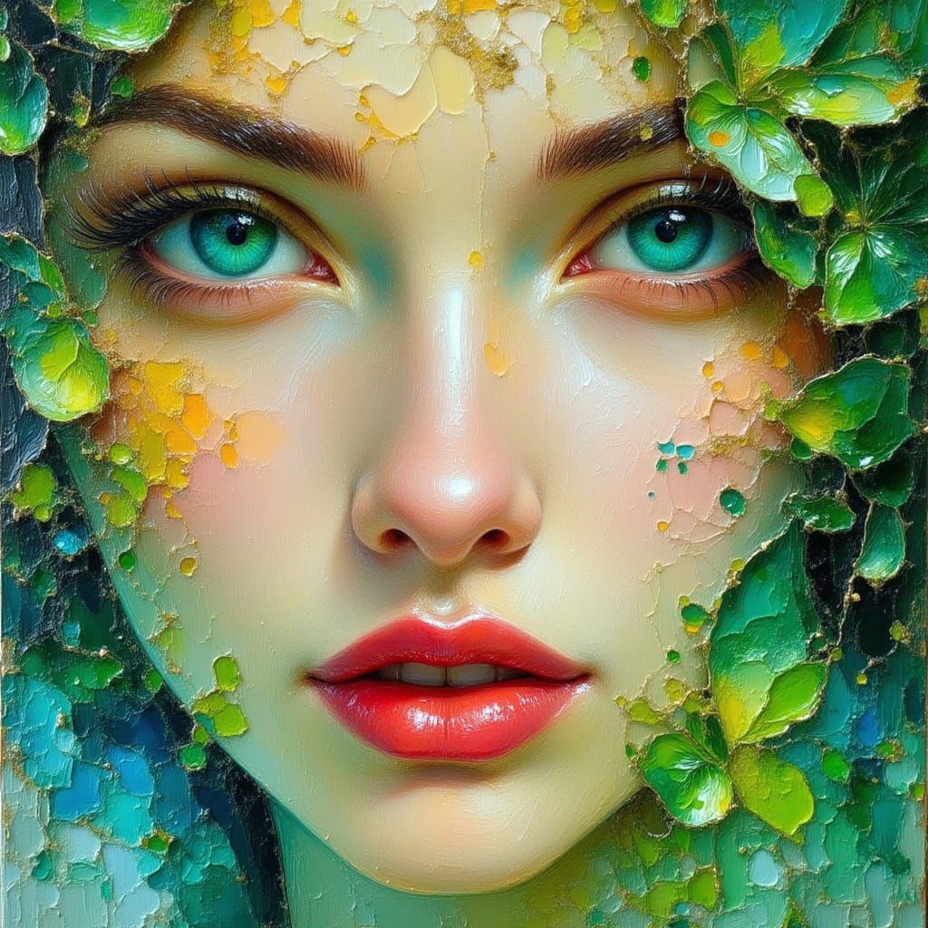 Stunning Model with Blue-Green Eyes as Impasto Oil Painting