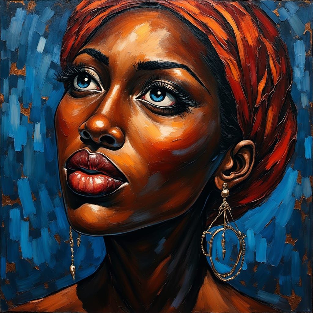 Black Goddess Portrait in Expressionist Oil Painting