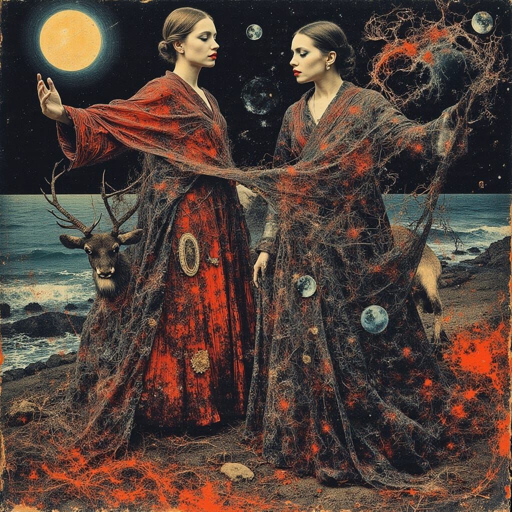 Dreamlike Textile Weavers in Surreal Landscape