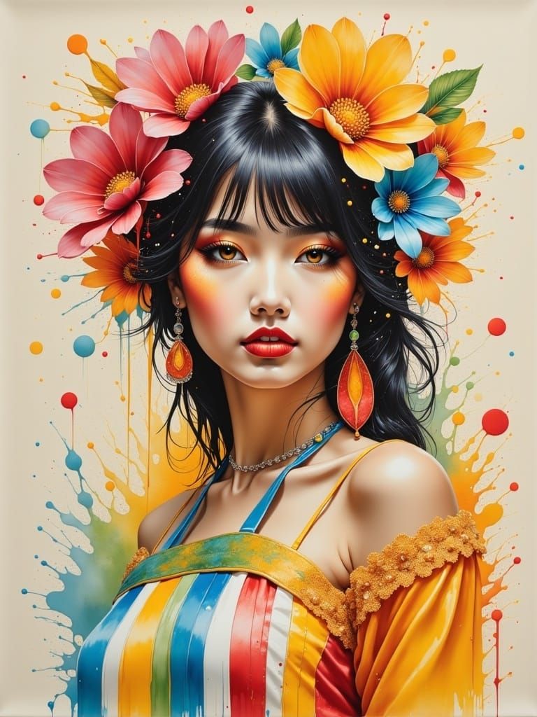 Girl with Floral Headpiece in Pop Surrealist Style