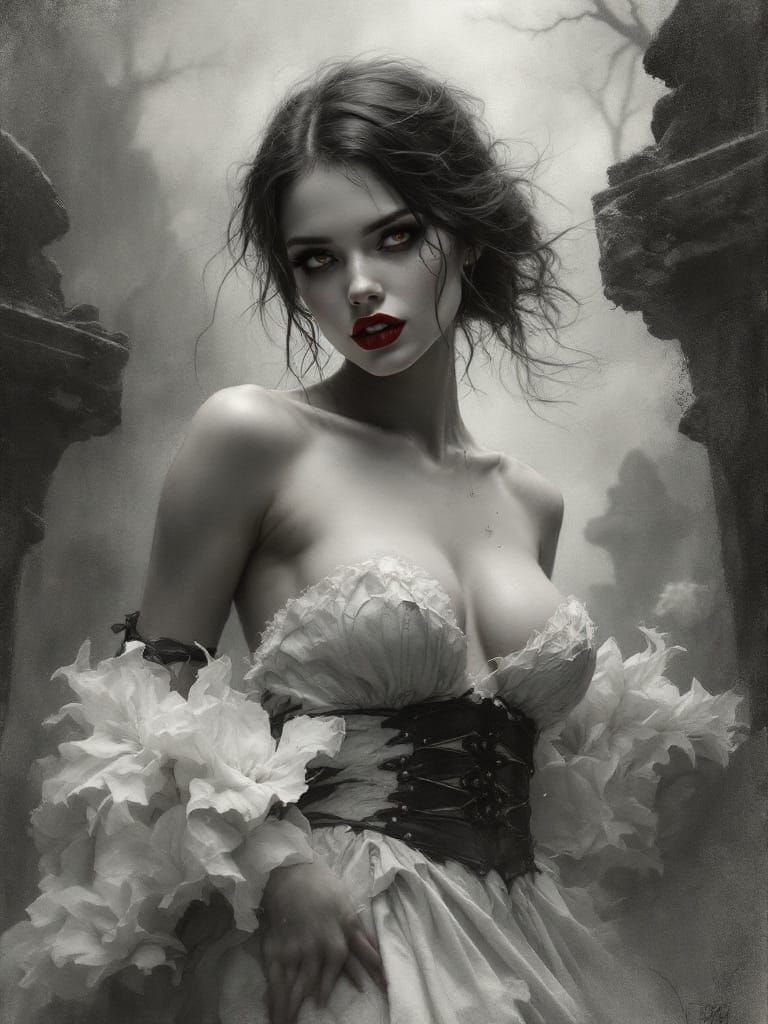 The Hungry Huntress Emerges from Misty Graveyard in Red