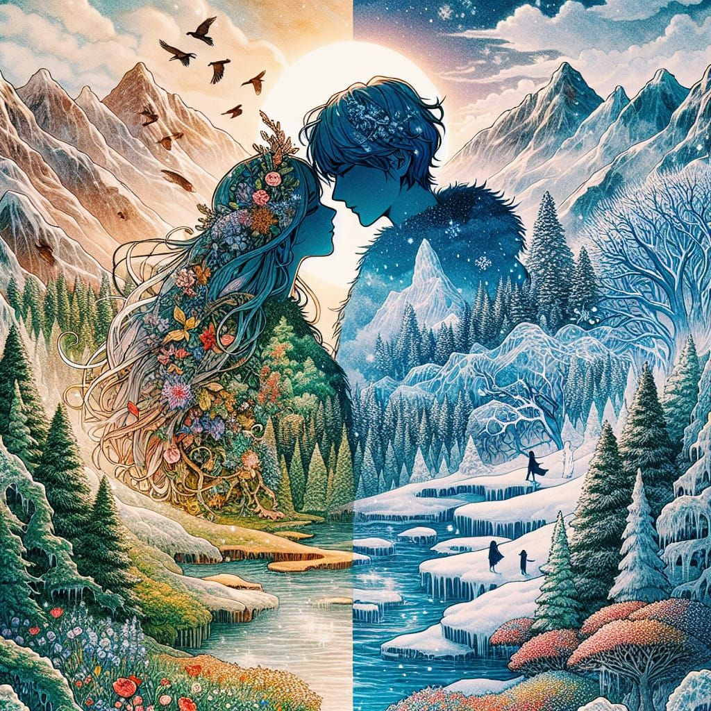 Double Exposure Portrait: Winter and Spring Lovers