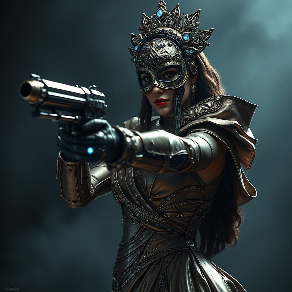 Regal Space Warrior in Metallic Gown with Raygun