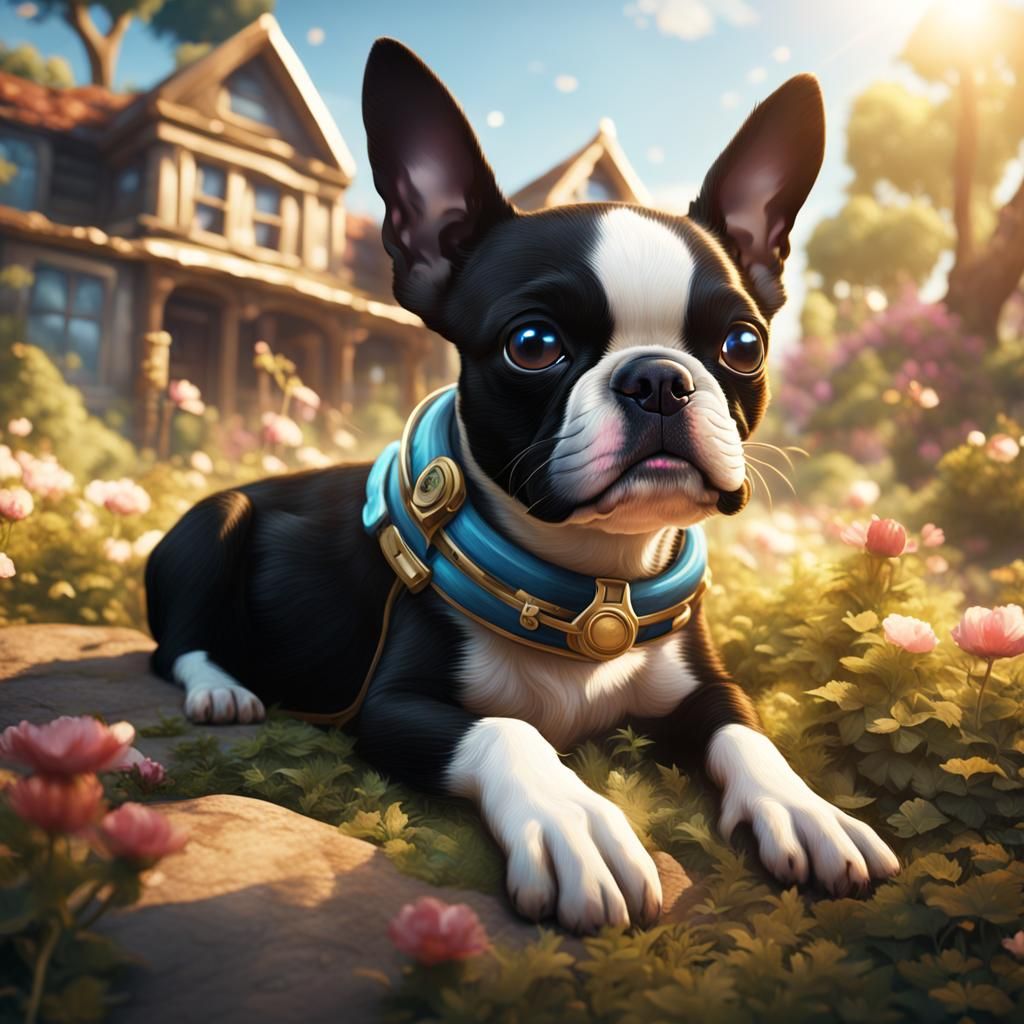 Boston Terrier Puppy in Detailed Fantasy Art
