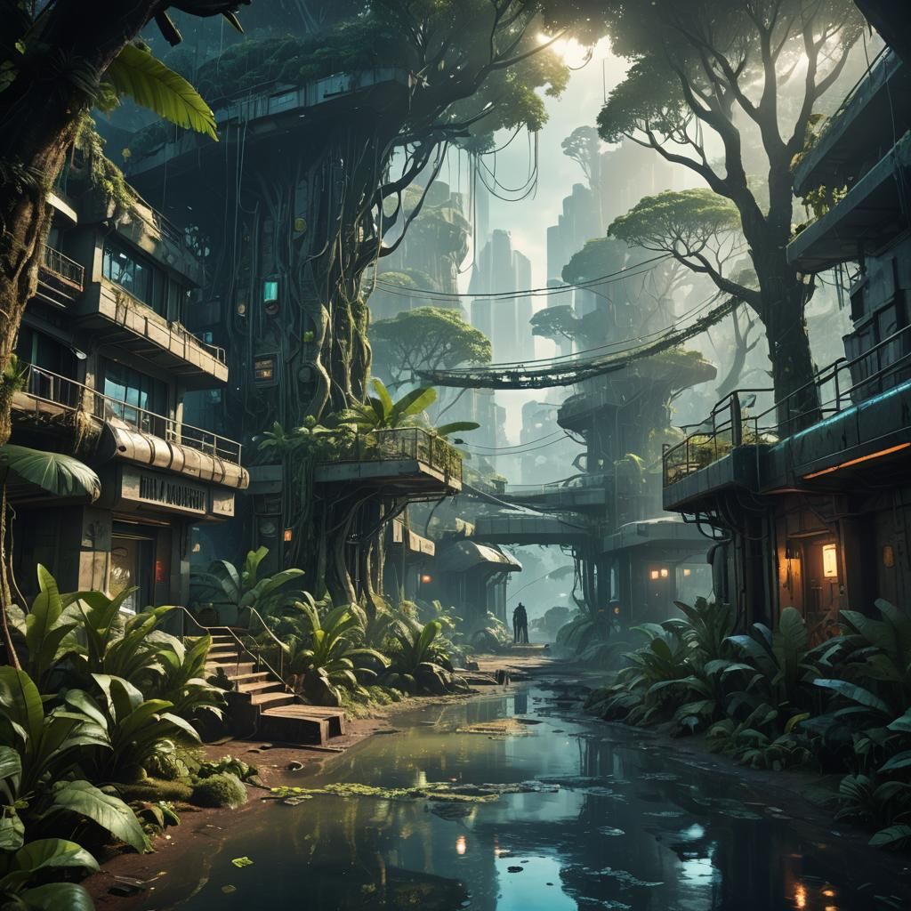 Solarpunk Guerrilla Base in Bioluminescent Rainforest