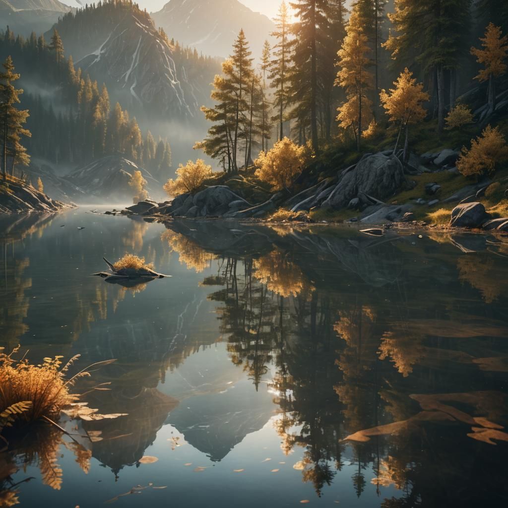 Serene Mountain Lake in Cinematic 3D Fantasy Art
