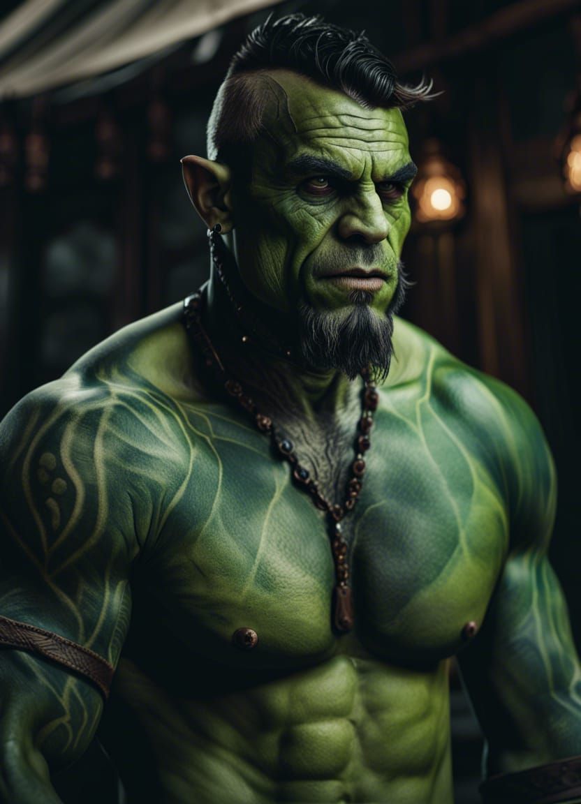 Friendly Orc Merchant in Dark Fantasy Style