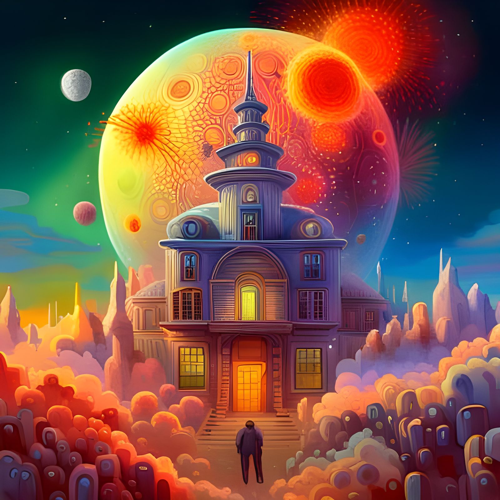 Psychedelic Fireworks over Surreal House, Digital Art