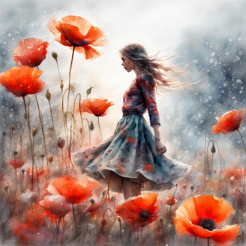 Blooming Poppies and Girl's Skirt in Watercolor