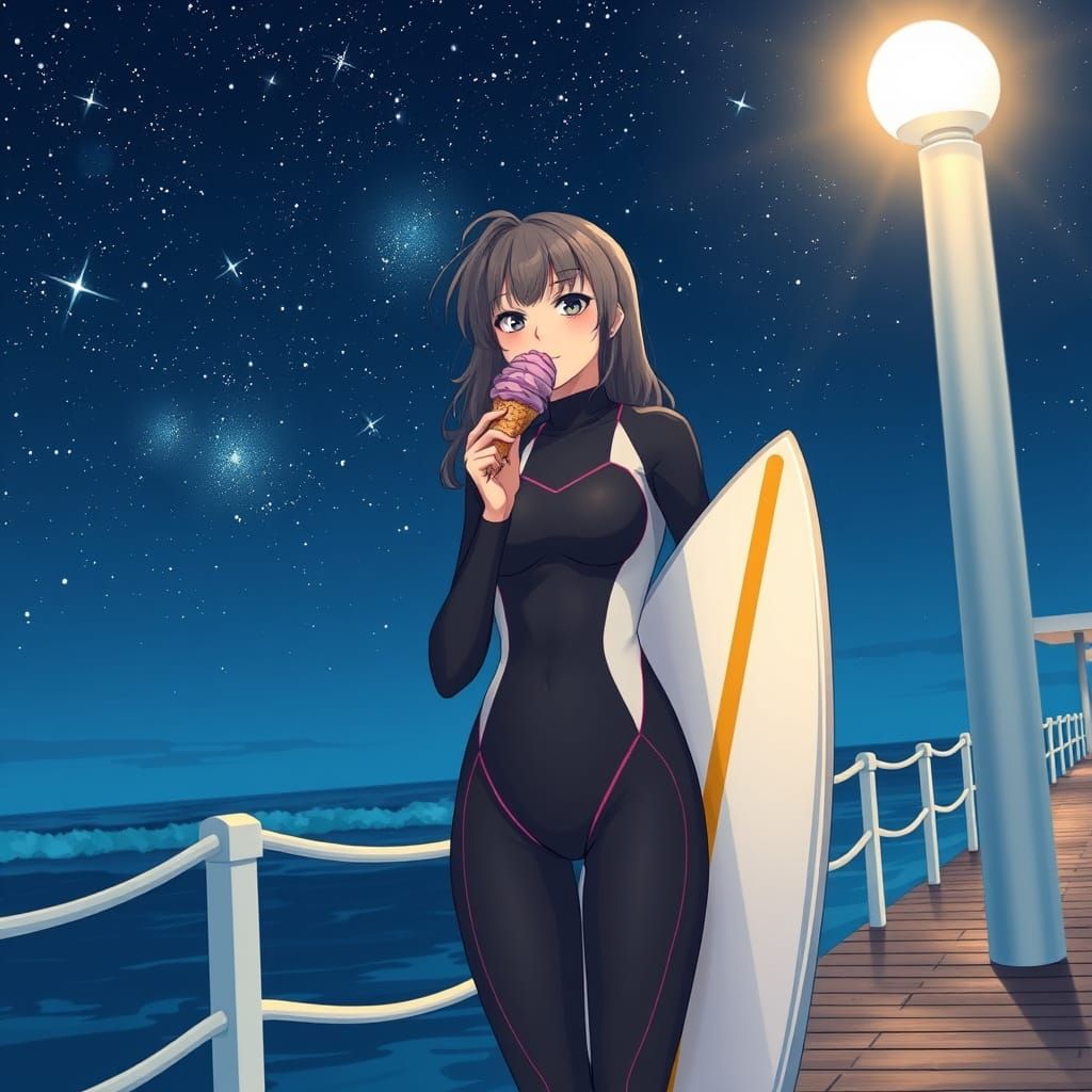 Anime Female Surfer on Pier at Night