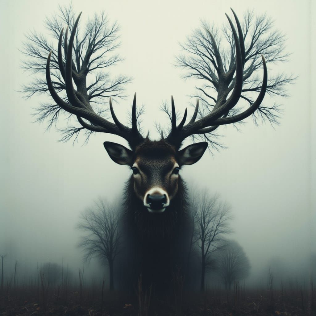 Ethereal Stag Silhouette in Misty Ancient Forest