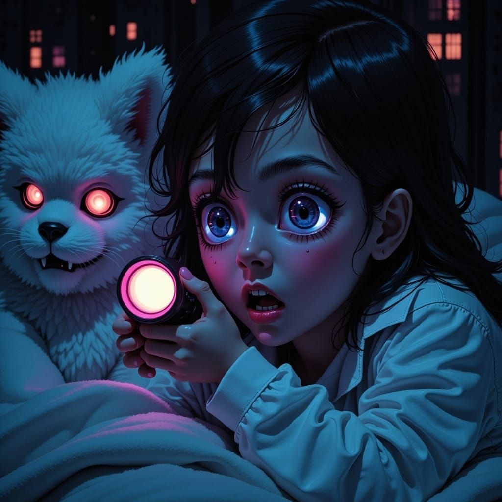 Synthwave Horror: Child Encounters Glowing Creature Under Be...