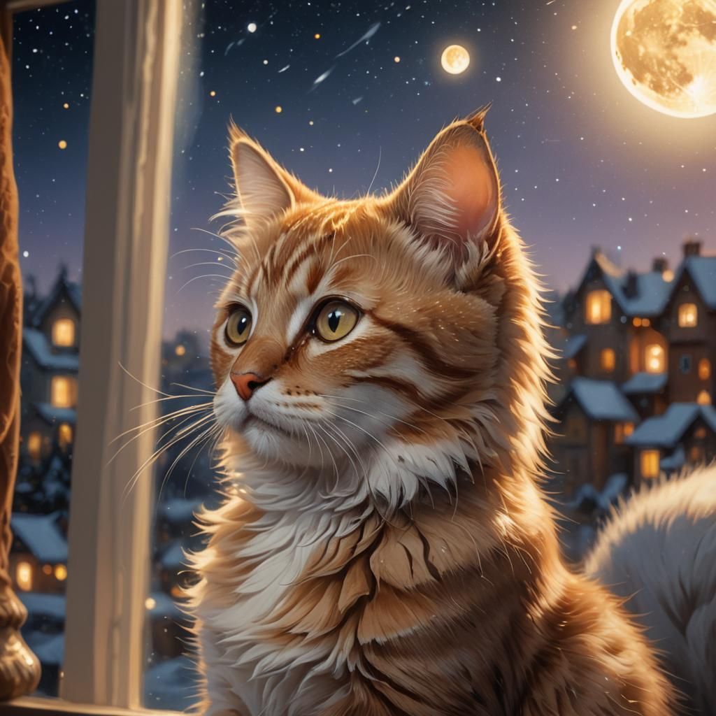 Kitten Gazing at Moon in Starry Sky: Digital Art