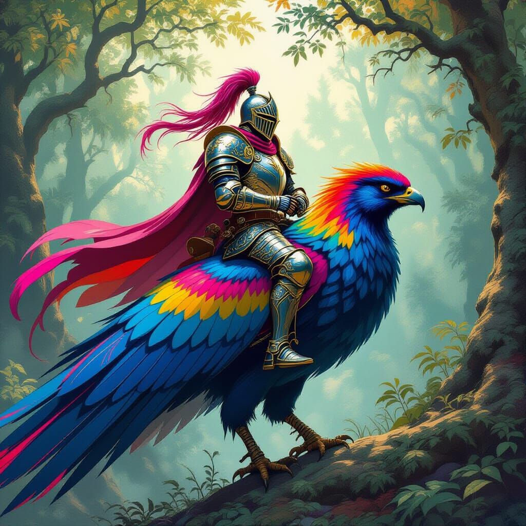 Armored Knight Rides Majestic Bird in Fantasy Forest