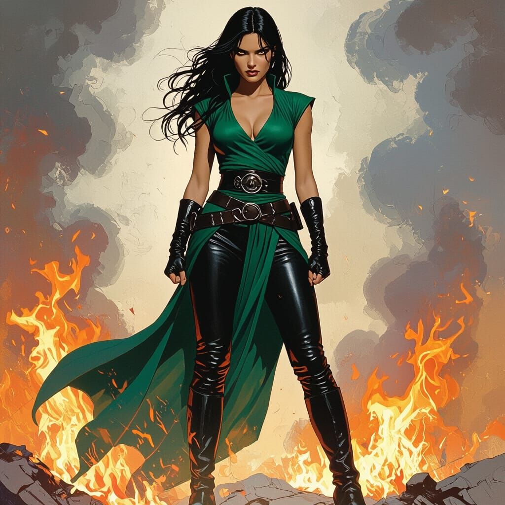 Fiery Defiance: Girl Amid Flames in Frazetta-Inspired Style