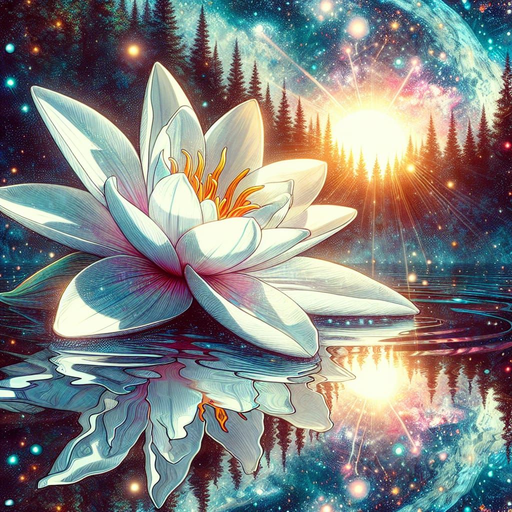 White Lily's Celestial Reflection: Visionary Art