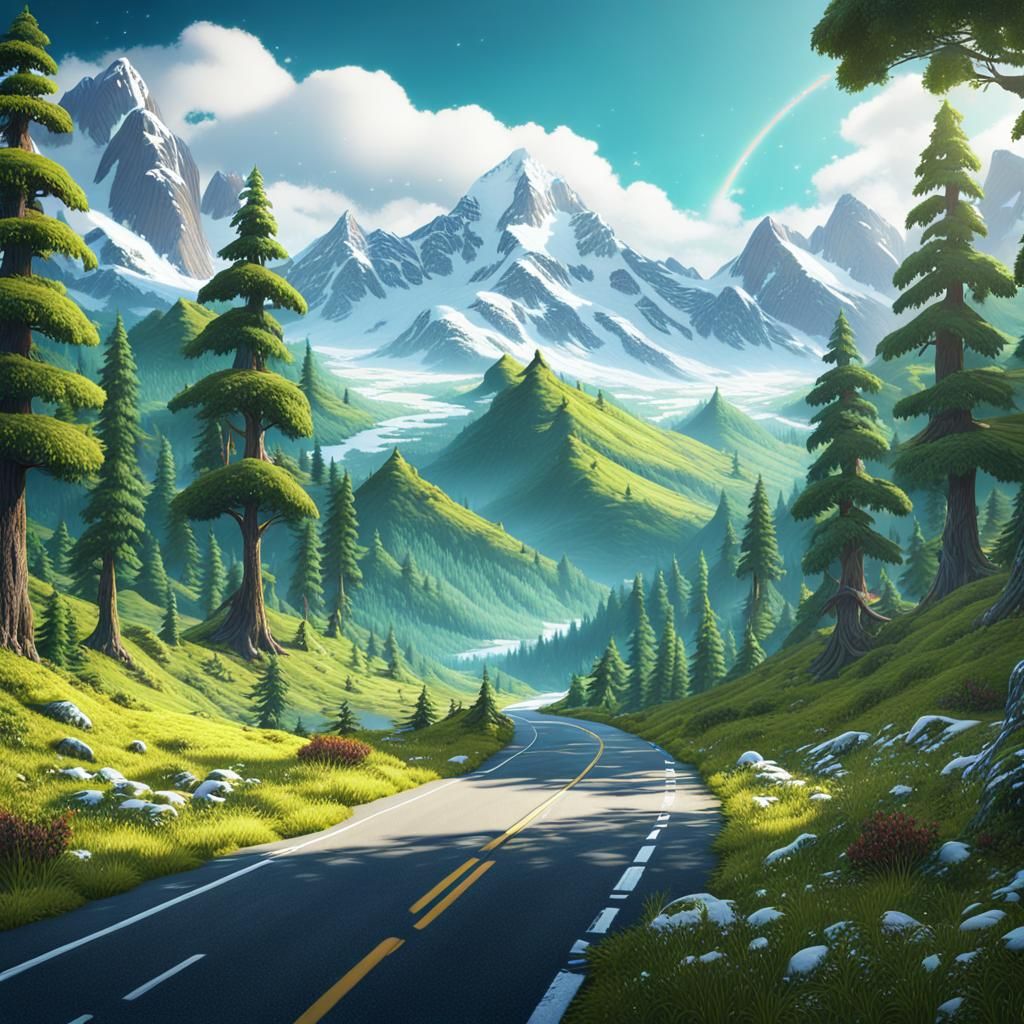 Road to Snow Mountains in Fantasy Landscape